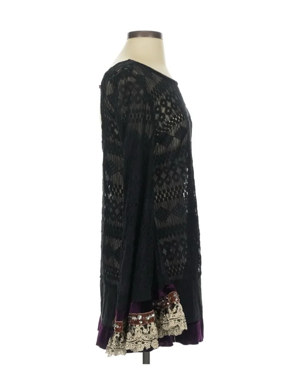 RARE Free People Black Lace Velvet Bell Sleeve Mini Dress Tunic| Whimsigoth Boho - Picture 10 of 16